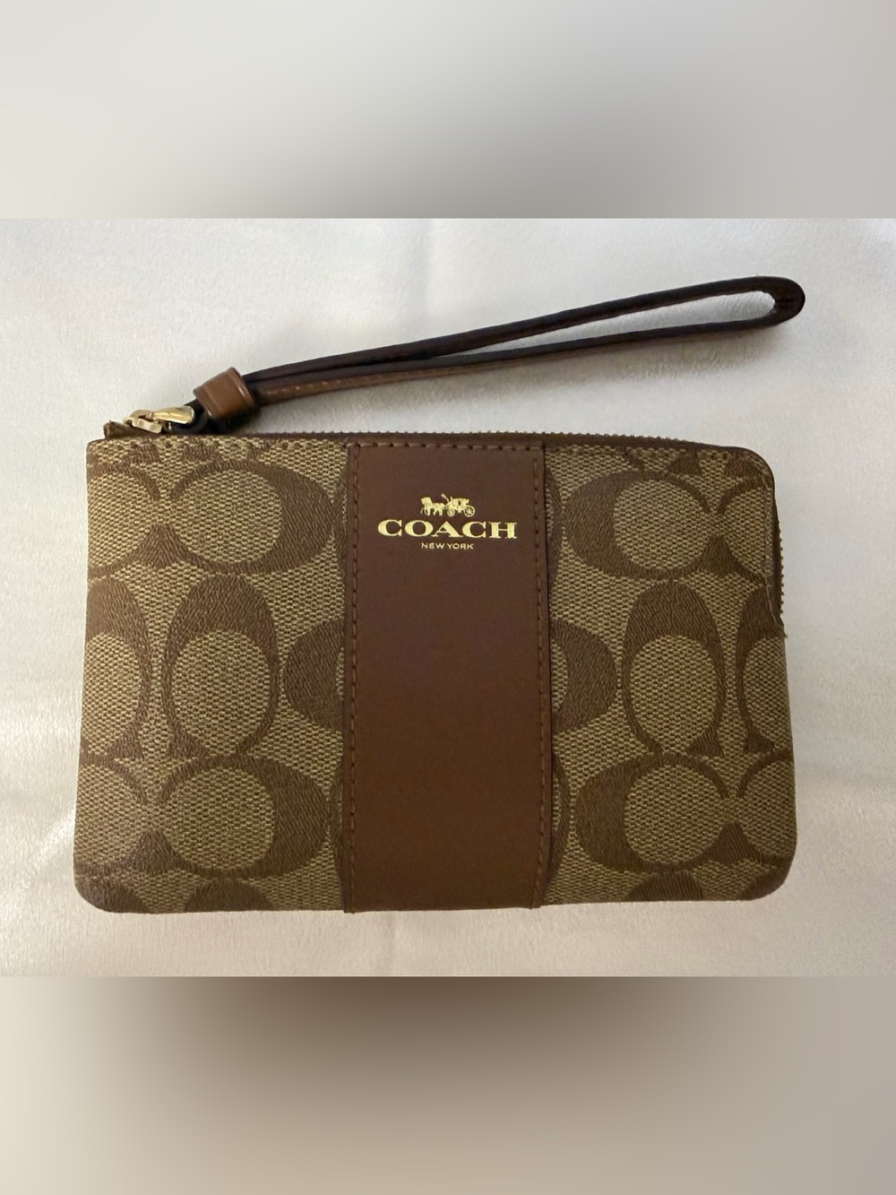 Coach Brown Signature Canvas Wristlet with Leather Trim